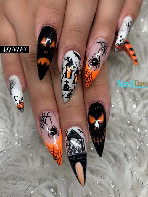 Scary black gray and orange Halloween nails feature cemeteries, ghosts, pumpkins, and spider and cobwebs.