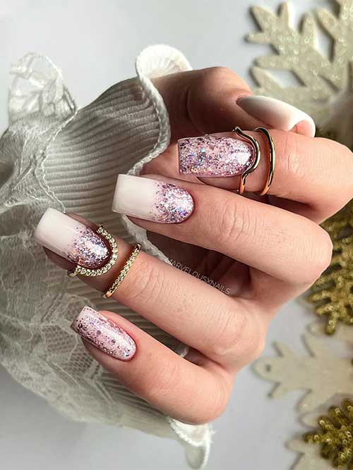 Medium square-shaped glossy nude New Year's nails with rose gold glitter