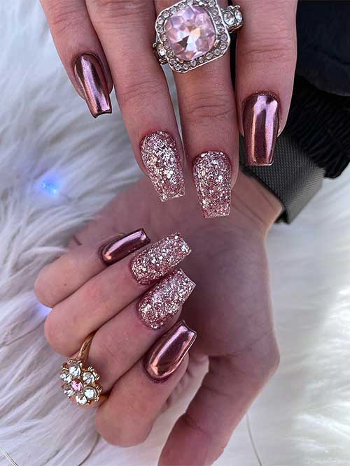 Rose gold chrome New Year’s nails with two rose gold glitter accent nails