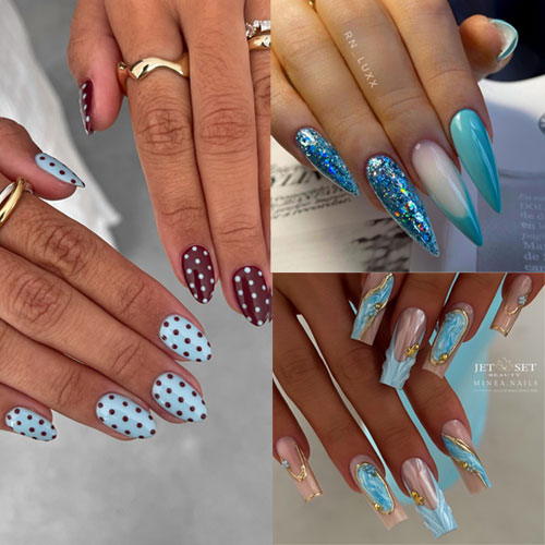Whimsical light blue nails with elegant designs, perfect for a stylish and playful look.