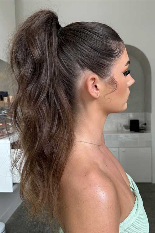 A stylish high ponytail with volume and tousled waves, featuring sleek baby hairs, perfect for casual or elegant occasions. A stylish high ponytail with volume and tousled waves, featuring sleek baby hairs, perfect for casual or elegant occasions.
