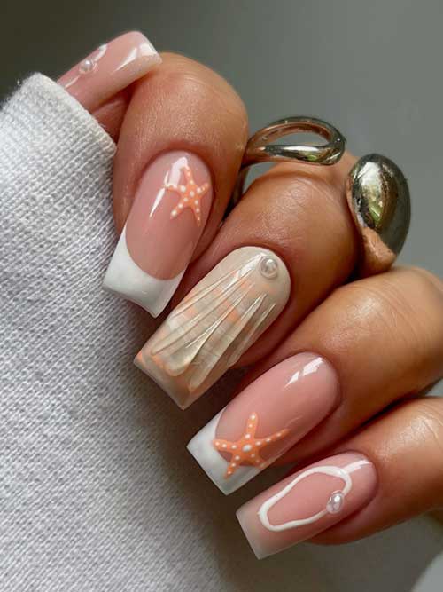 Beach-themed white nails with French tips, orange starfish, 3D seashells, and pearl accents for a fun summer vibe. Beach-themed white nails with French tips, orange starfish, 3D seashells, and pearl accents for a fun summer vibe.