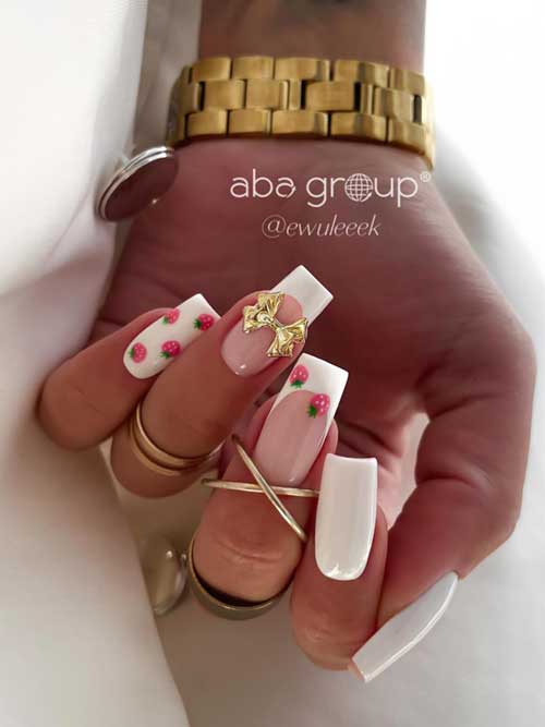 Charming white nails featuring cute pink strawberries and golden bows, perfect for a playful yet elegant kawaii look. Charming white nails featuring cute pink strawberries and golden bows, perfect for a playful yet elegant kawaii look.