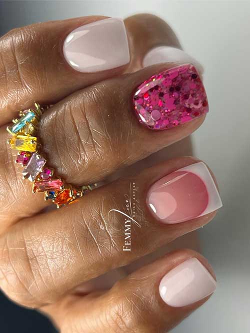 Elegant milky white nails featuring a French tip and a playful pink glitter accent, perfect for any occasion. Elegant milky white nails featuring a French tip and a playful pink glitter accent, perfect for any occasion.