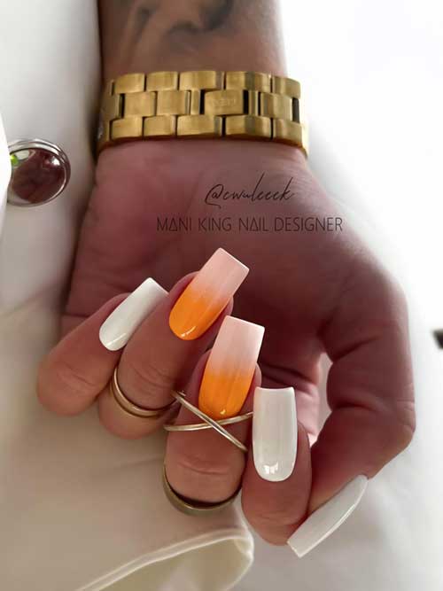 Stylish white nails with vibrant orange accents fading into soft white tips, perfect for a fresh, summery look. Stylish white nails with vibrant orange accents fading into soft white tips, perfect for a fresh, summery look.